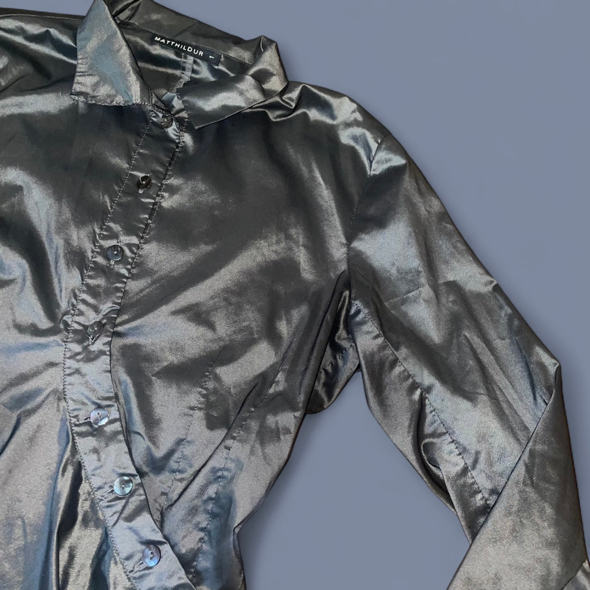 Vintage Matthildur Metallic Asymmetrical Button Up Top