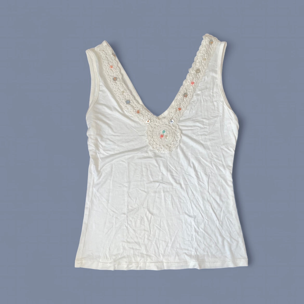 00s White Beaded Crochet Tank