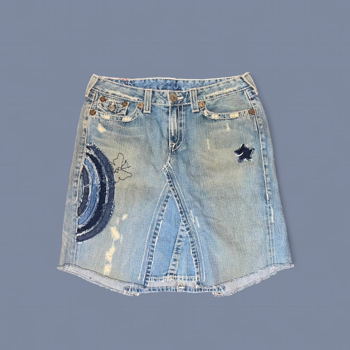 True Religion Patchwork Denim Midi Skirt