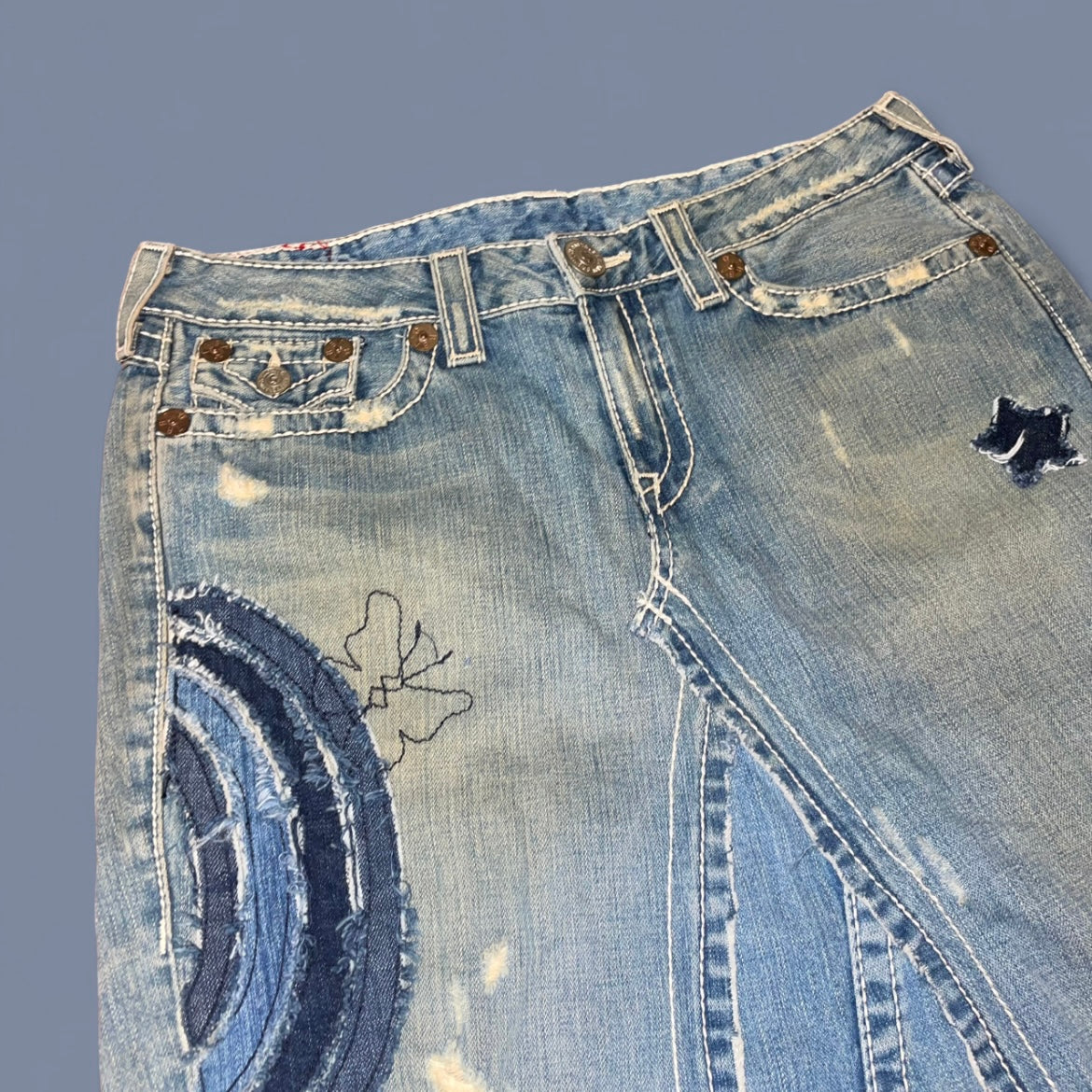 True Religion Patchwork Denim Midi Skirt