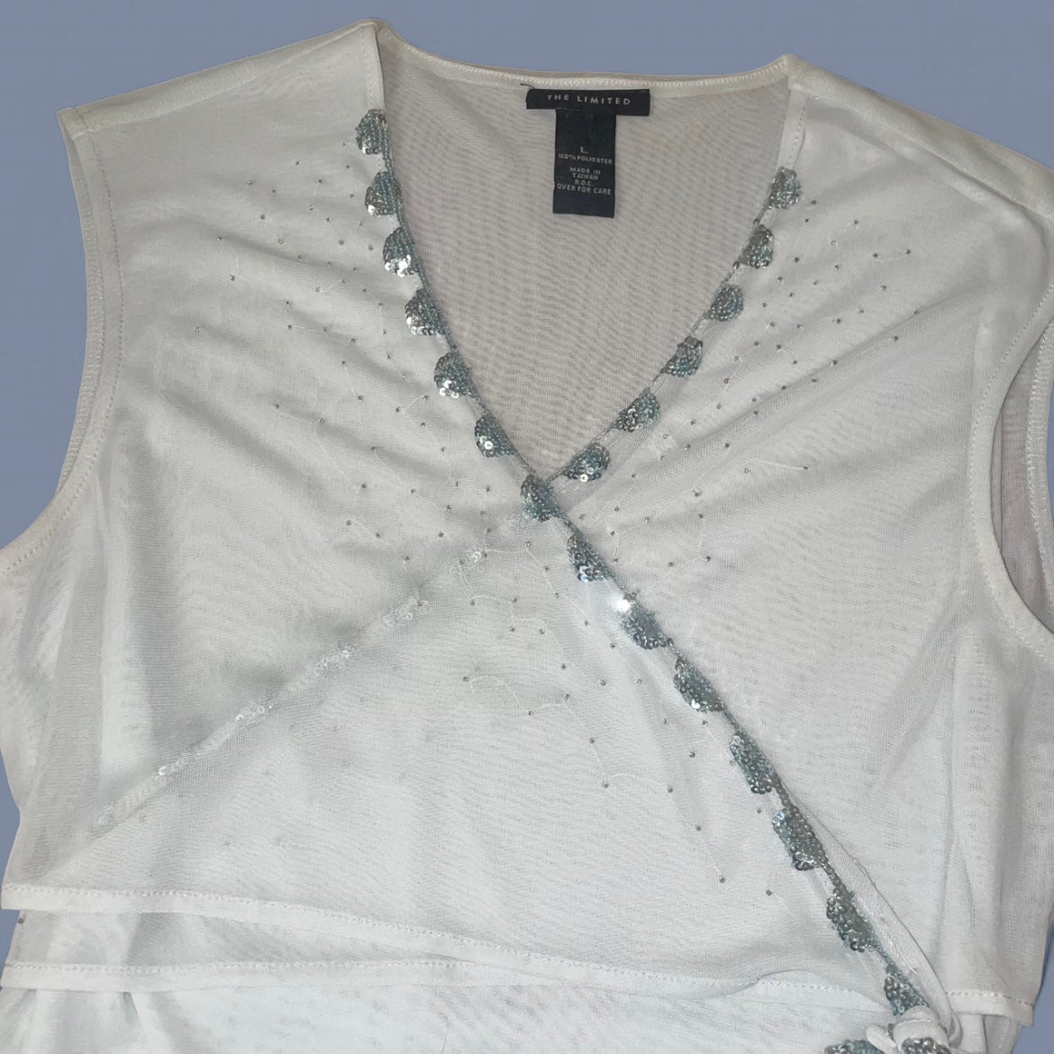00s Baby Blue Sheer Sequin Wrap-style Top