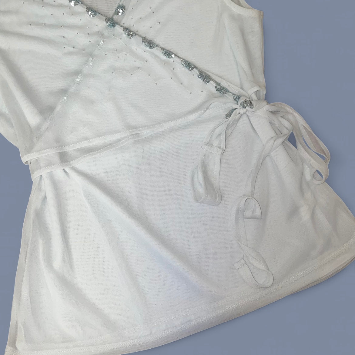 00s Baby Blue Sheer Sequin Wrap-style Top