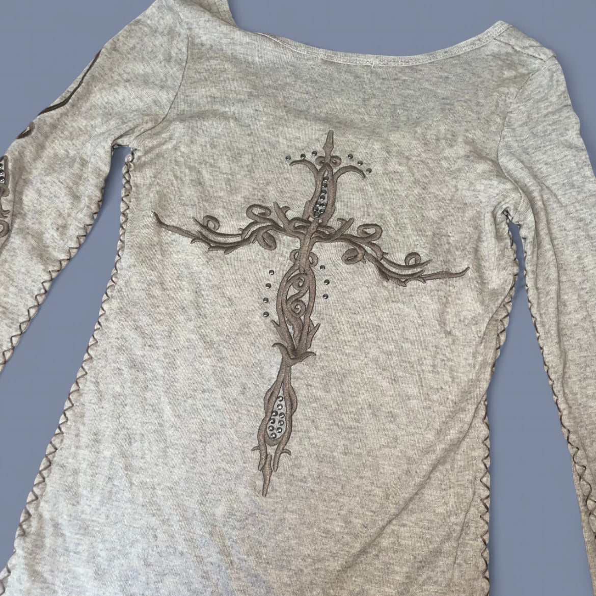 Beige Contrast Stitch Studded Long Sleeve