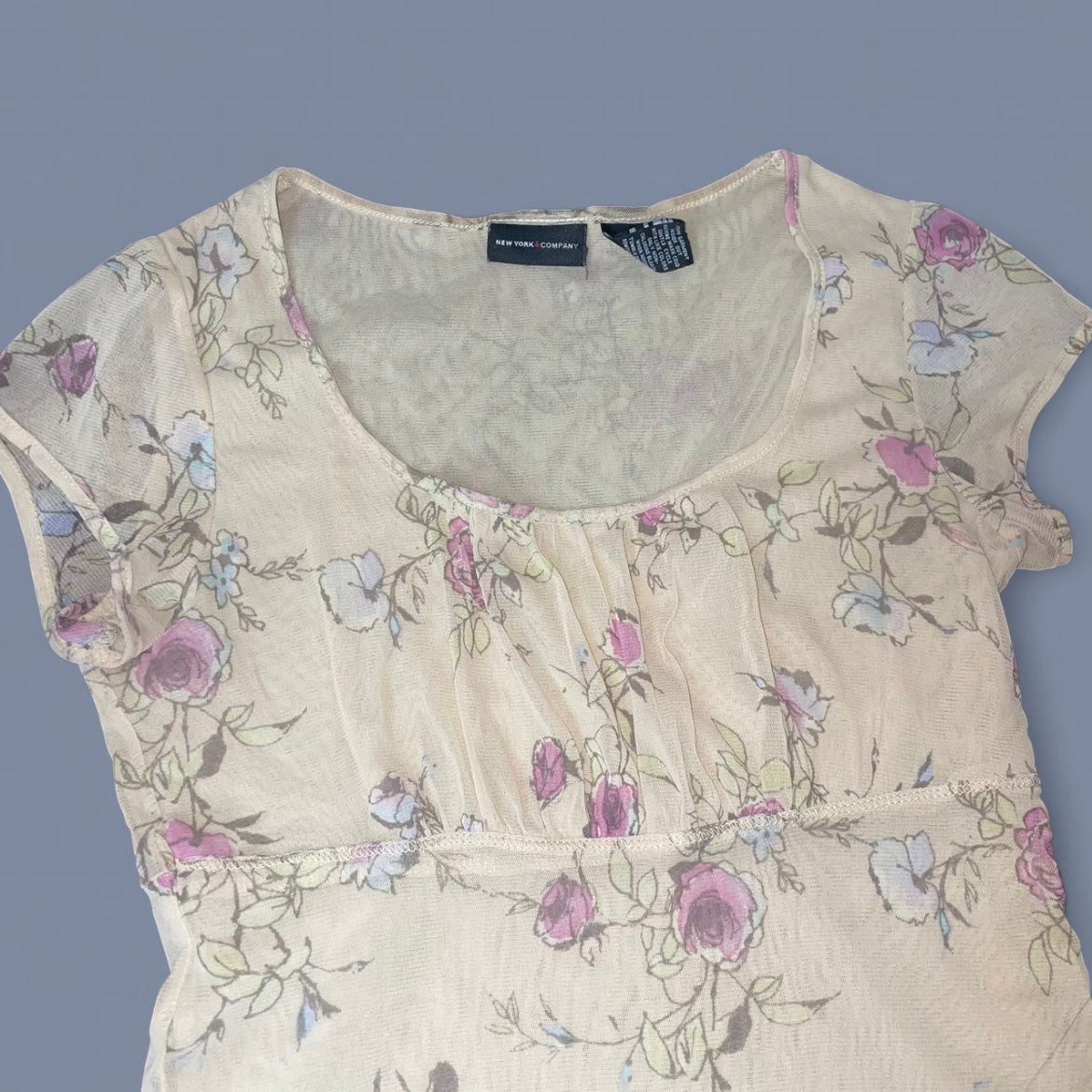 00s Cream Floral Mesh Top