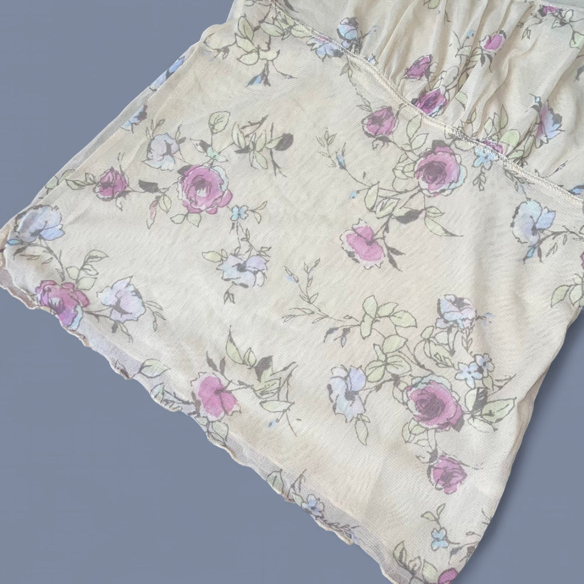 00s Cream Floral Mesh Top