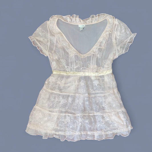 00s Sheer Cream Lace Babydoll Top
