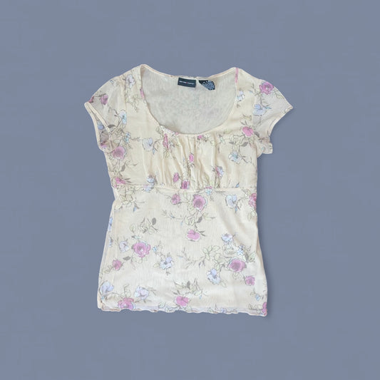 00s Cream Floral Mesh Top